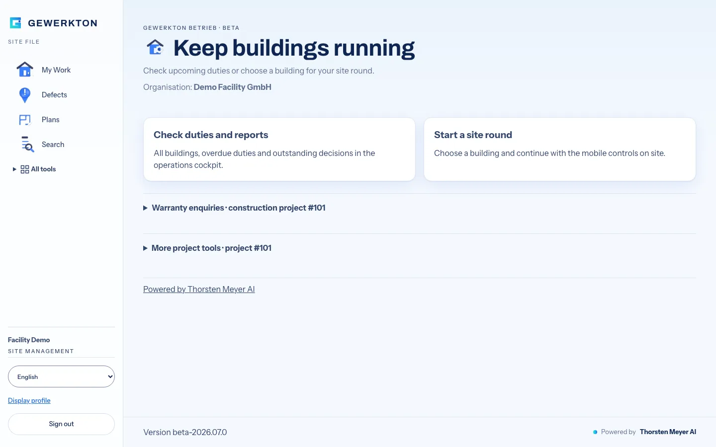 Gewerkton web app, Operations start page Keep buildings running, marked Beta: cards Check duties and reports and Start a site round, plus a section for warranty enquiries on a construction project